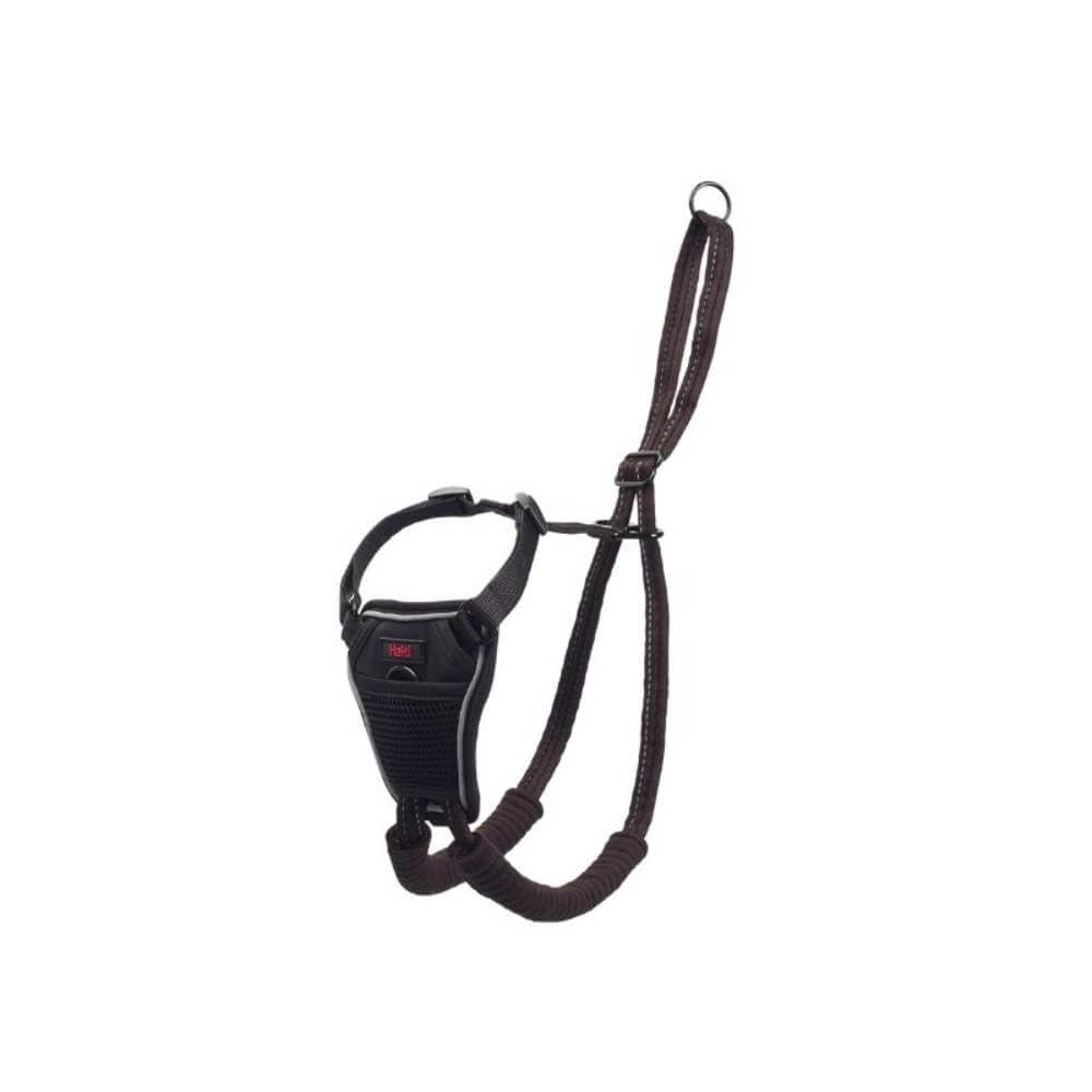 Halti No Pull Harness by Company of Animals in black and brown with adjustable straps and metal ring.