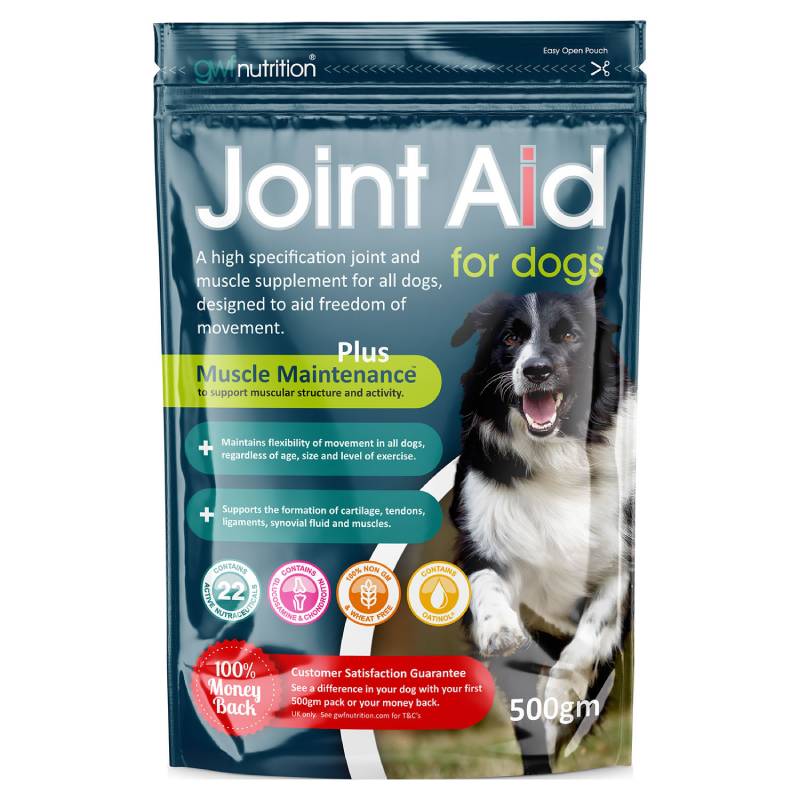 GWF Nutrition Joint Aid For Dogs 500g bag highlights glucosamine benefits for joint health.