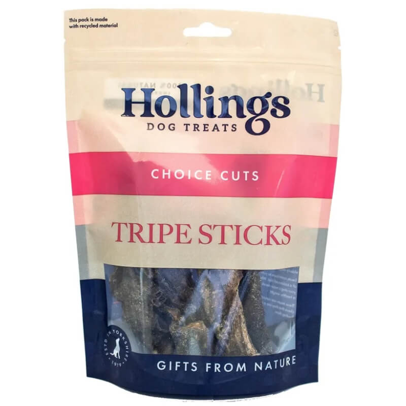 A bag of Hollings Tripe Sticks dog treats labeled Hollings.