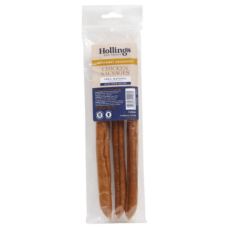 Hollings Chicken Sausage 3Pk—100% natural dog treats in clear packaging.