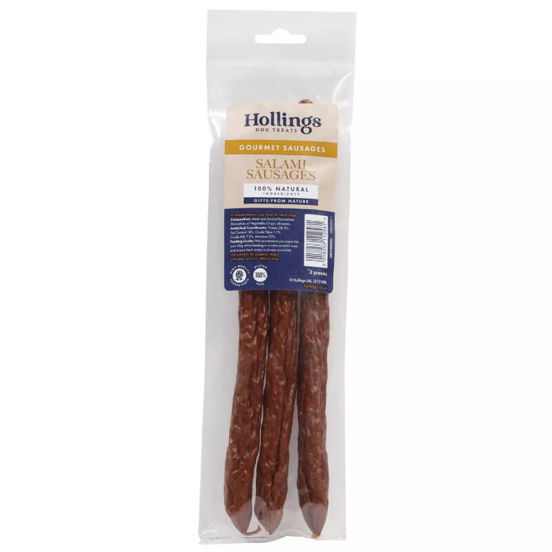 Three Hollings Salami Sausages in clear packaging, a natural dog treat.