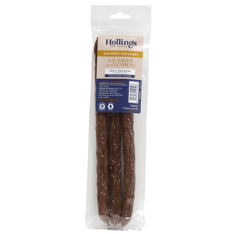 Hollings Venison Sausage 3Pk—premium venison sausages in a clear Hollings package.