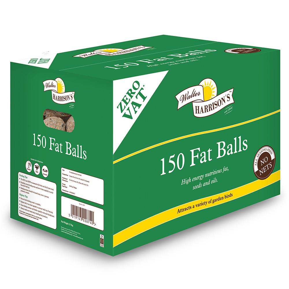 Harrisons Fat Balls bird feed, 150 pack, for garden birds, in green box, labeled No Nets.