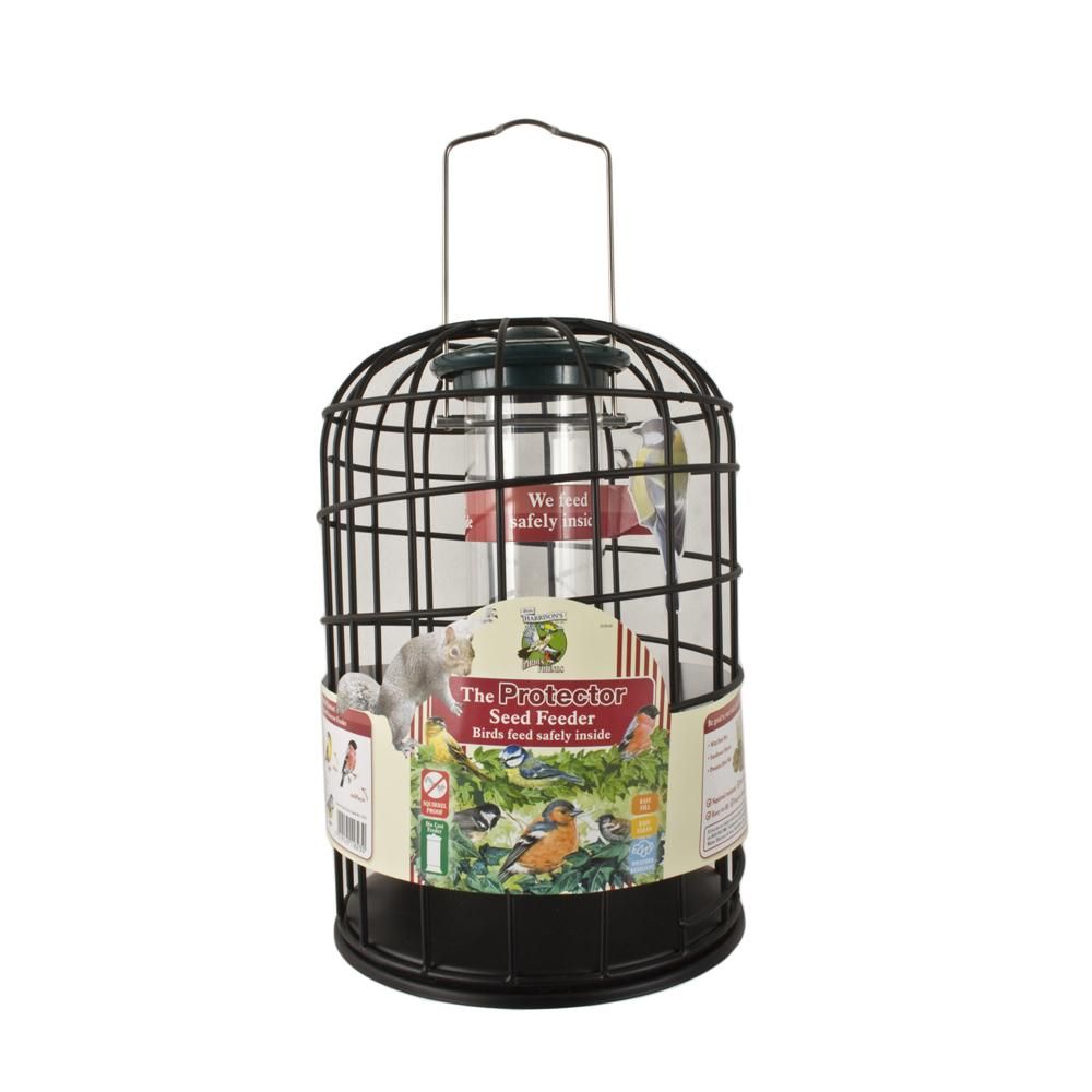 Harrisons Dye Cast Protector Seed Feeder: black cage, handle, squirrel proof bird feeder.