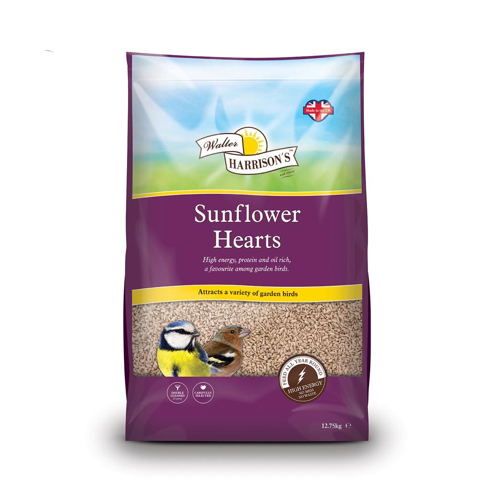Harrisons Walter Sunflower Hearts bird feed; no mess formula with two birds on front.