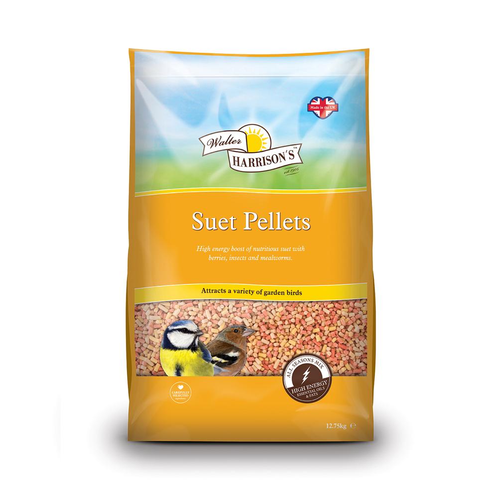 Harrisons Walter Harrisons Suet Pellets: mealworm suet bird food in yellow packaging.