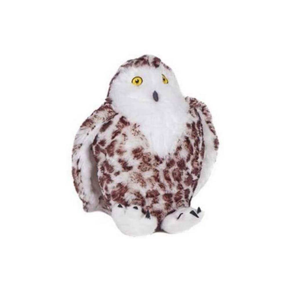 Animal Instincts Snow Mates Snowy Owl plush dog toy with white and brown fur, yellow eyes.