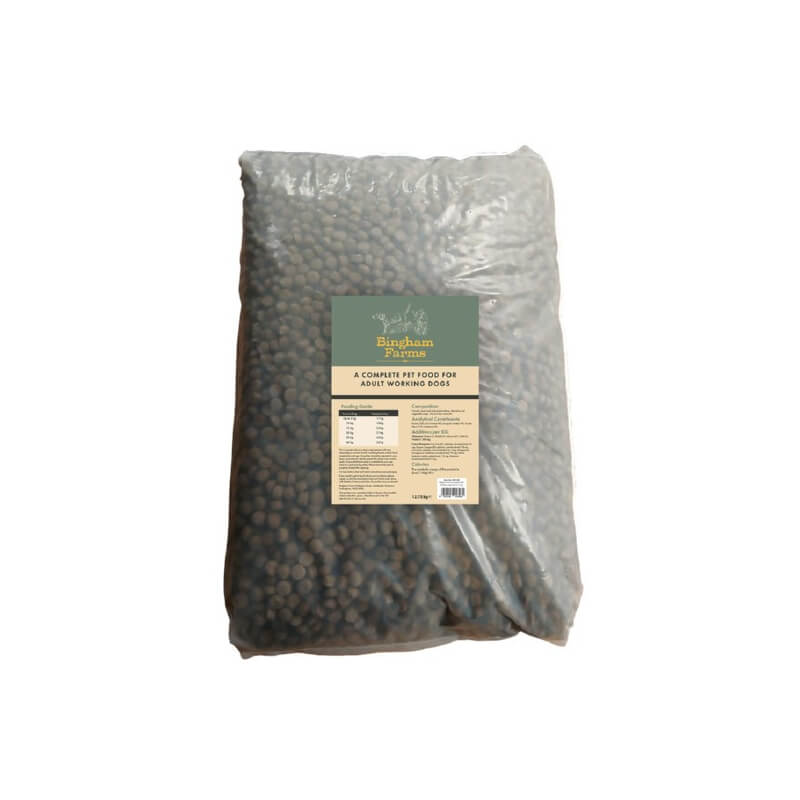 A large clear bag of Bingham Farms Complete Adult Working Dog 12.75kg with a green label.