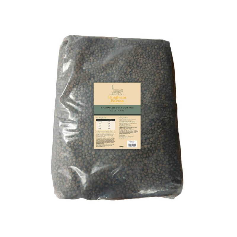 Bingham Farms Complete Adult Cat Food 10kg in a large clear bag with beige front label.