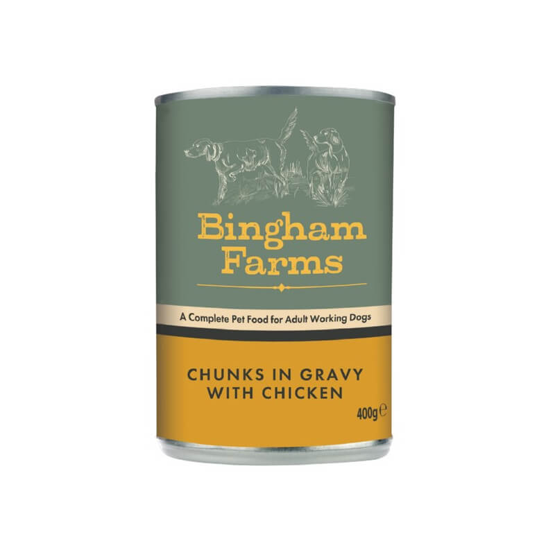 Bingham Farms Complete Adult Dog Food, chicken chunks in gravy, 400g tin.