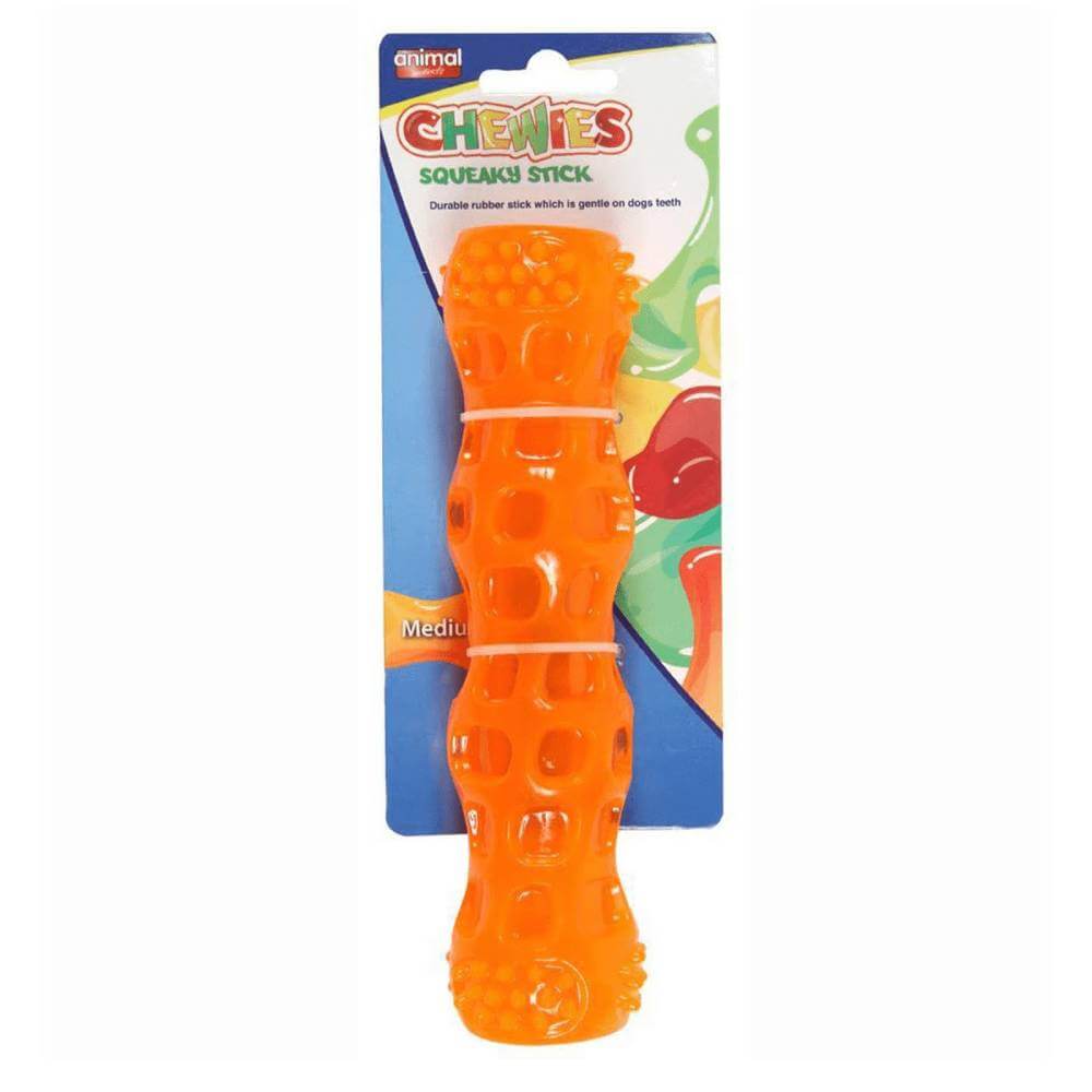 Durable rubber dog chew toy: Animal Instincts Chewies Squeaky Stick.