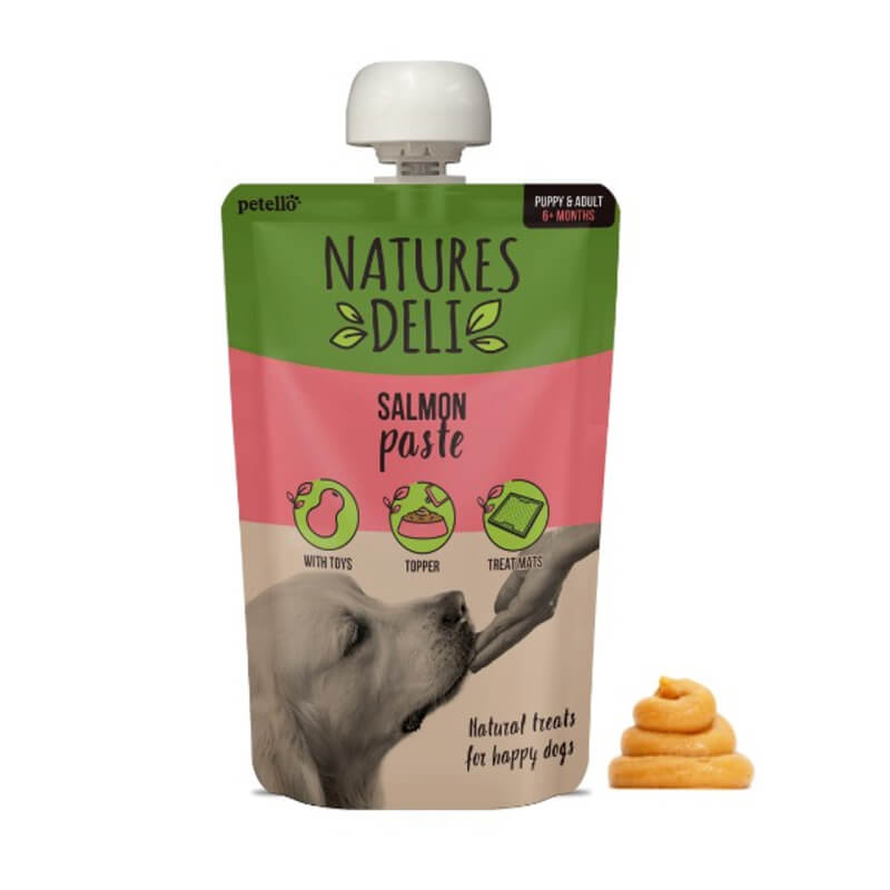 Natures Deli Salmon Paste Pouch 100g, a grain free treat for dogs, shown with a dollop.