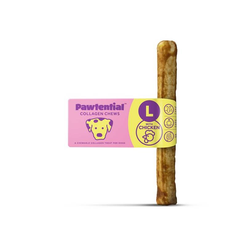 Pawtential Collagen Dog Chew Large is a rawhide alternative that supports joint health.