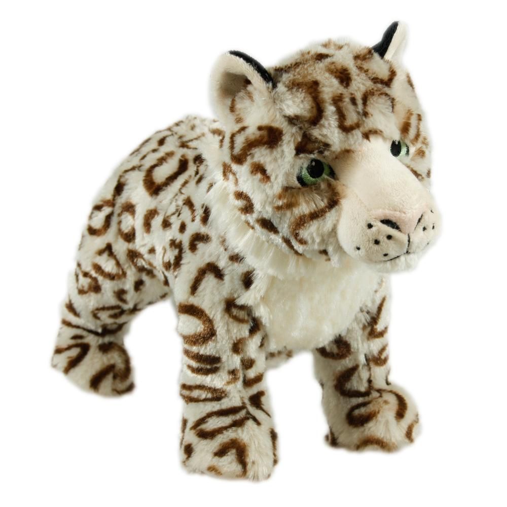 Animal Instincts Snow Mates Sophia is a soft snow leopard dog toy with brown spots and green eyes.