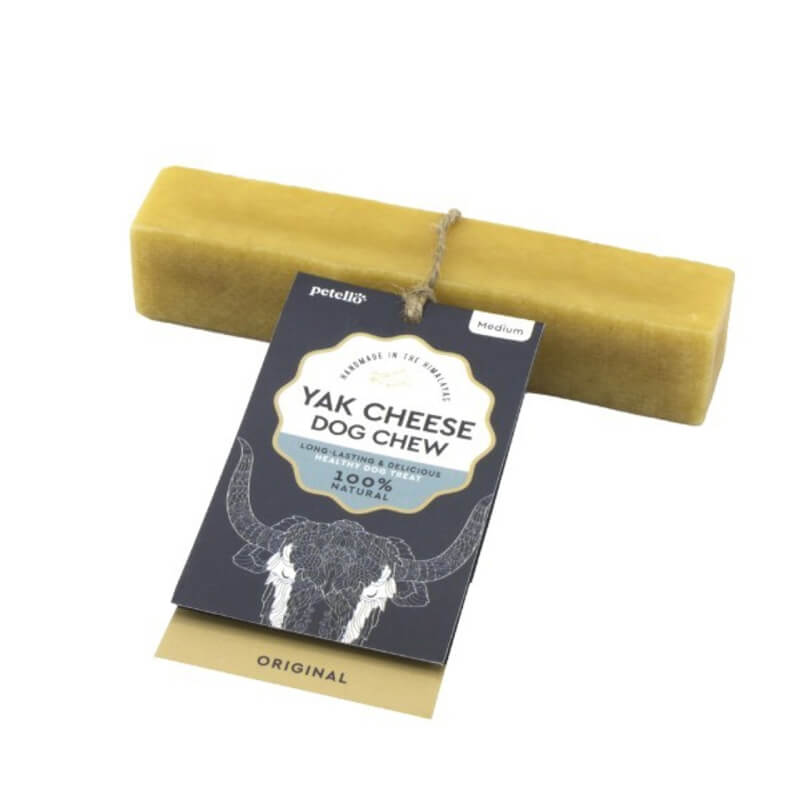Rectangular yellow Petello Yak Cheese Dog Chew 75g, 100% natural.