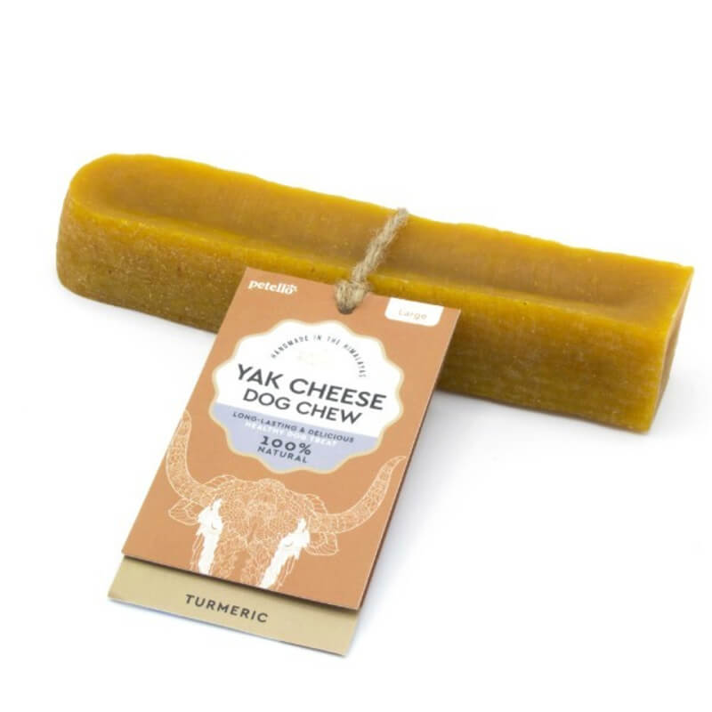 Petello Yak Cheese with Turmeric Dog Chew 115g, a large chew with label attached by string.
