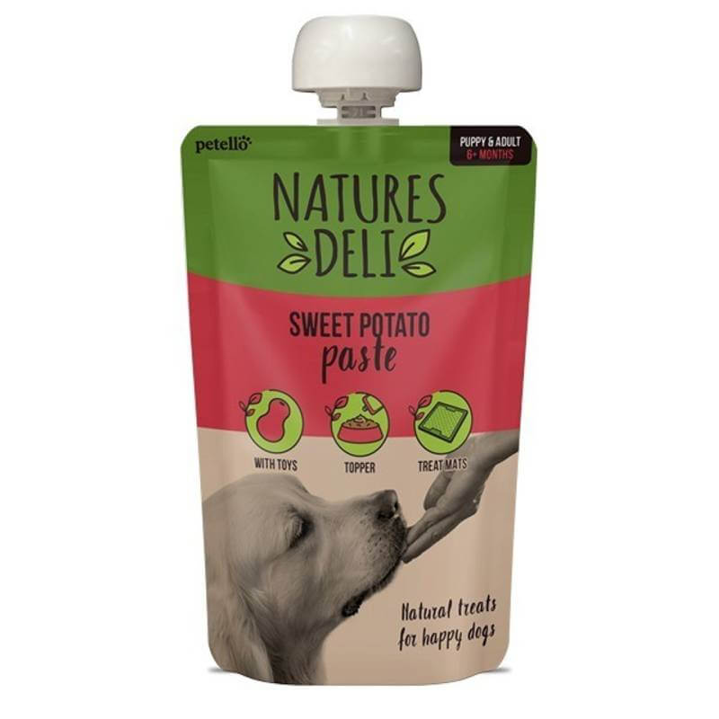 Natures Deli Sweet Potato Paste Pouch 100g—hypoallergenic, grain-free dog treat.