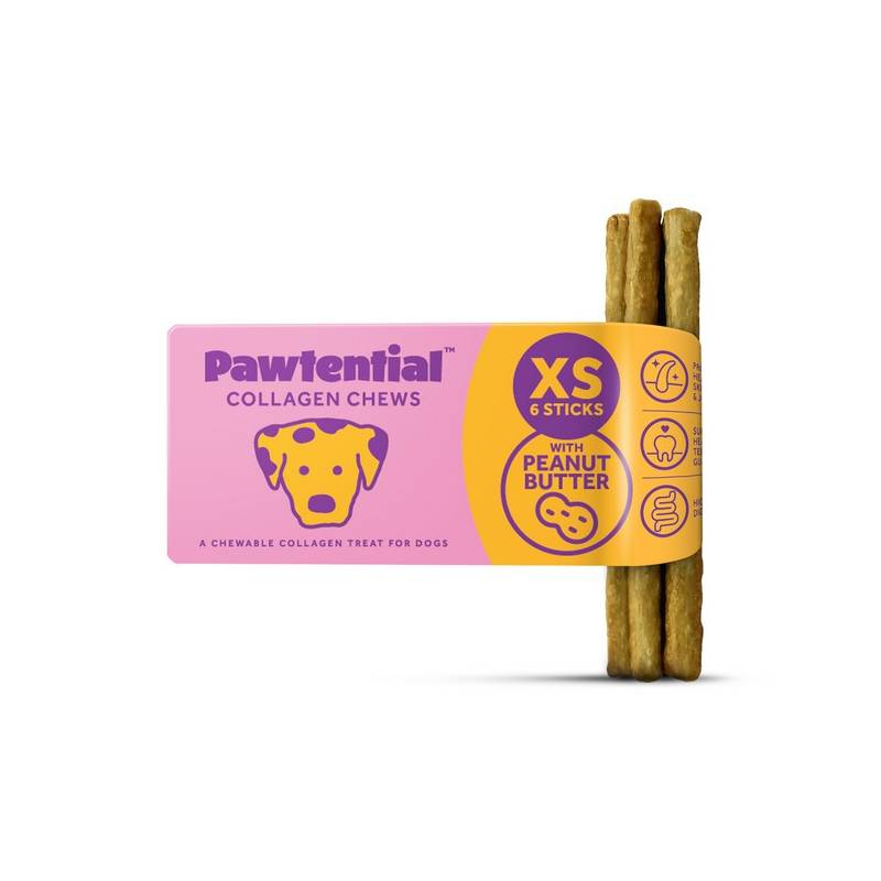 Two Pawtential Collagen Dog Chew XS 6 Sticks in pink and yellow packaging.