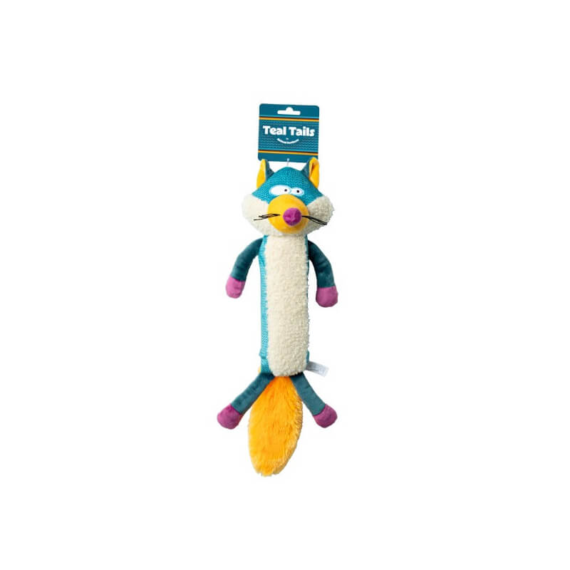 Animal Instincts Teal Tails Ted Fox Plush Dog Toy—bright, colorful, and easy for dogs to spot.