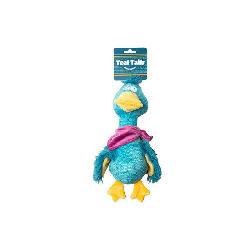 Animal Instincts Teal Tails Tom Duck plush toy: teal duck with yellow feet and purple scarf.
