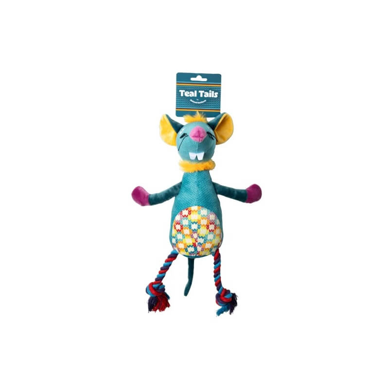 Animal Instincts Teal Tails Tim Mouse Plush Dog Toy with rope legs and colorful belly.