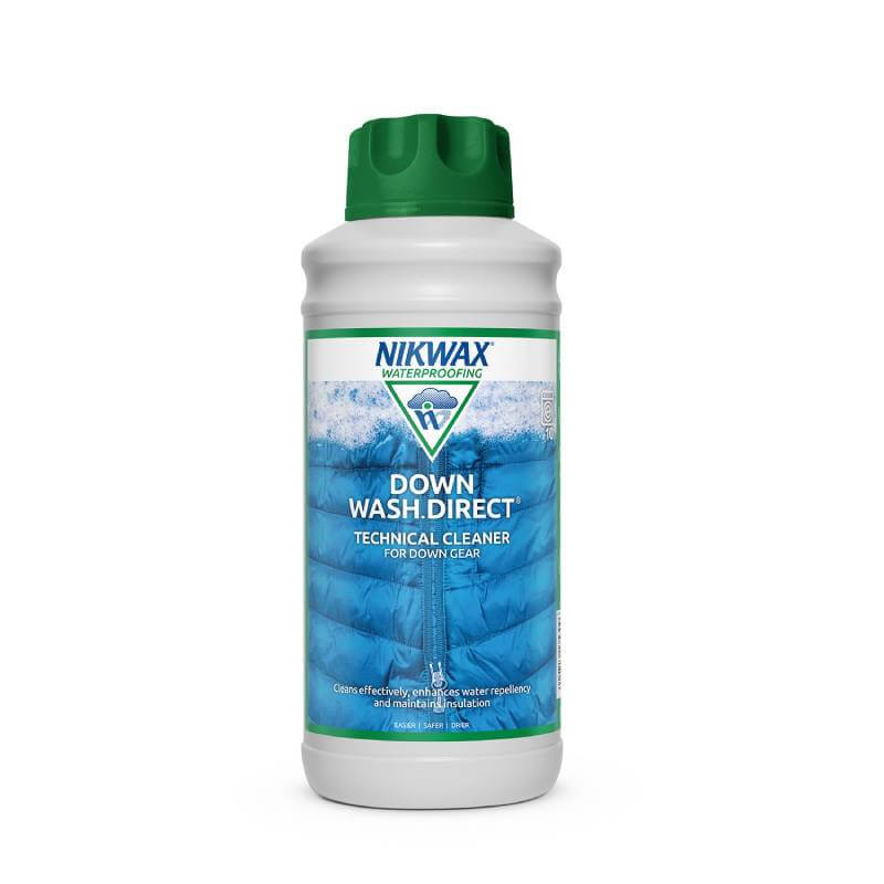Nikwax Down Wash Direct 1L down cleaner for down gear, with green cap.