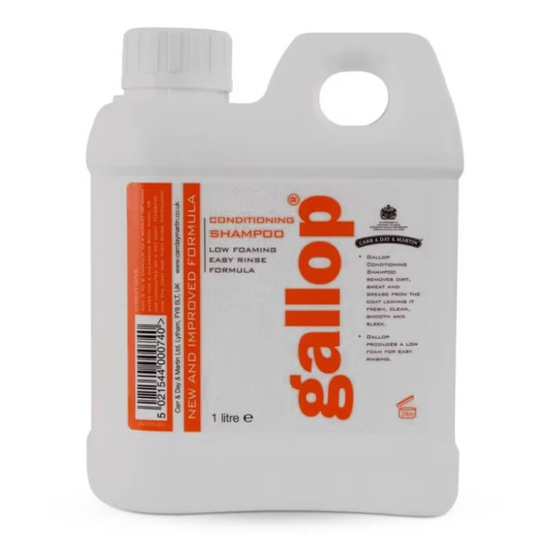 Gallop Conditioning Shampoo 1Ltr removes dirt and conditions; comes in white bottle with orange label.