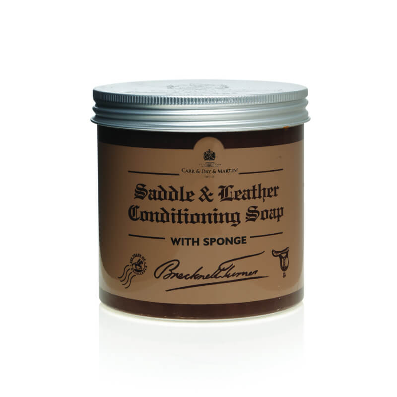 Carr Day Martin Brecknell Turner leather conditioning soap jar with sponge and silver lid.