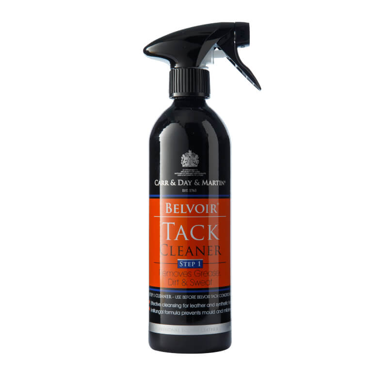 A black spray bottle of Carr Day Martin Daily Belvoir Tack Cleaner Step 1, 500ml.