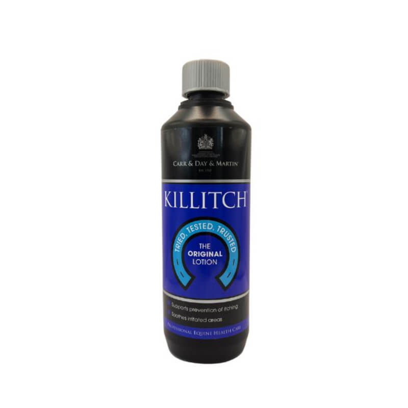 A 500ml bottle of Carr Day Martin Killitch Cutaneous Emulsion for horse itching relief.