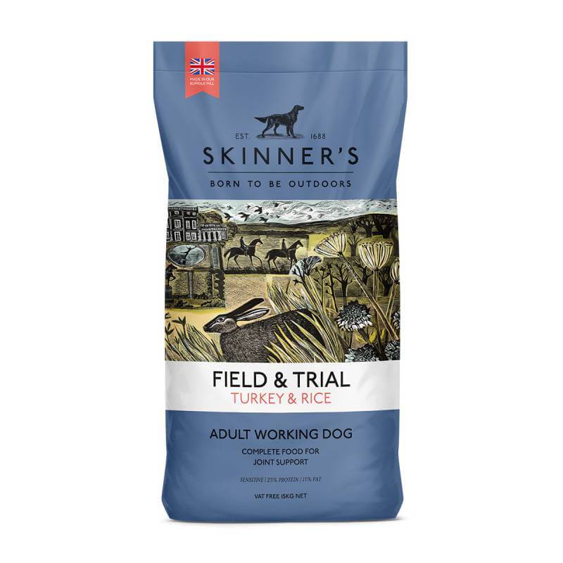 Skinners Field &amp; Trial Turkey &amp; Rice dog food bag with countryside illustration.
