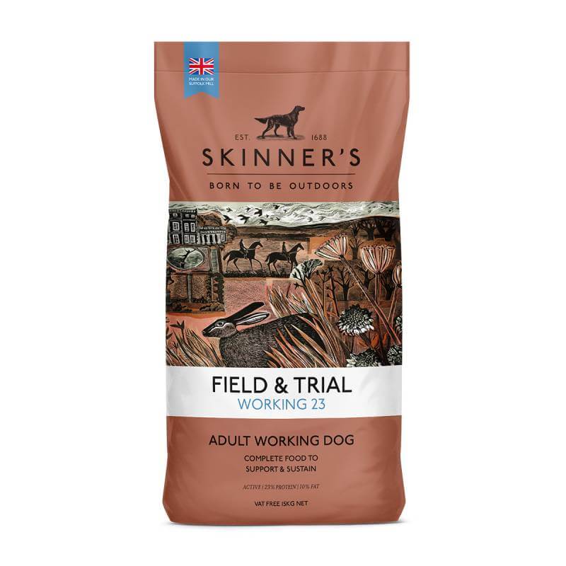 Skinners Field &amp; Trial Working 23 dog food features countryside art for active dogs.