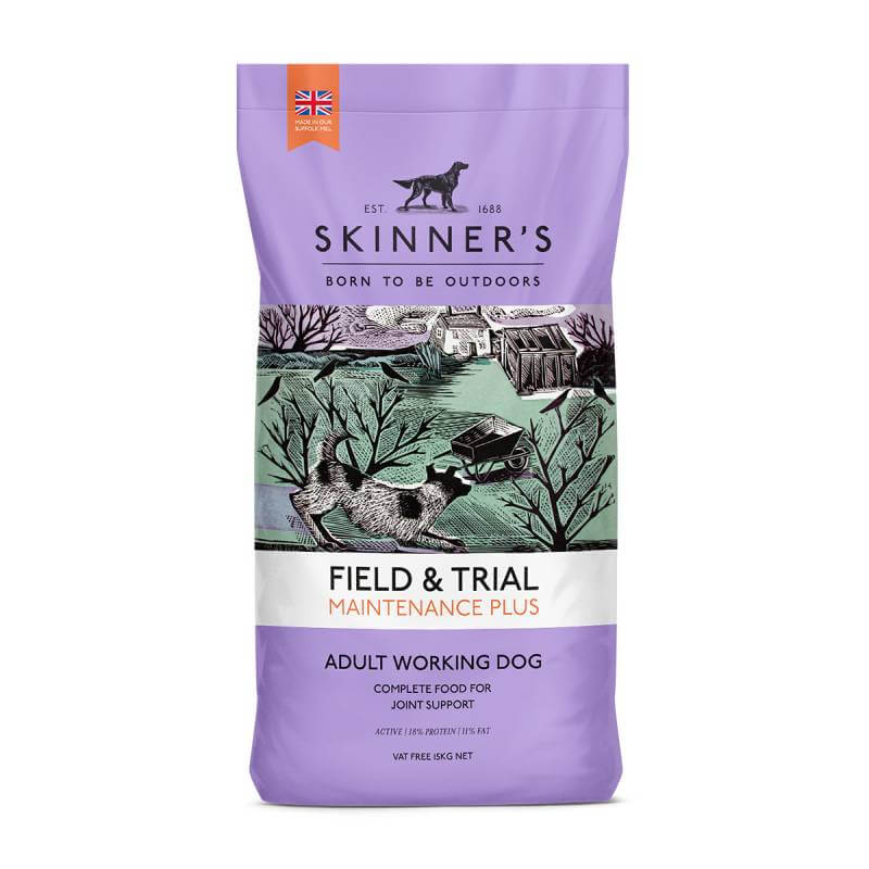 Purple bag of Skinners Field &amp; Trial Maintenance Plus for adult working and low activity dogs.