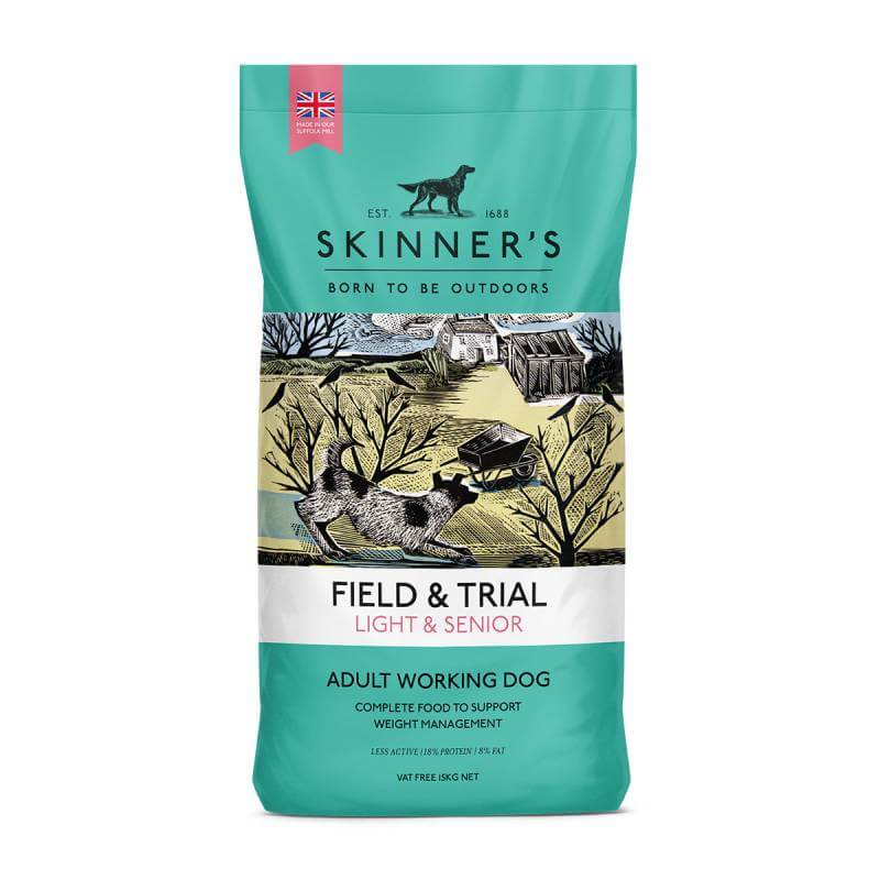 Bag of Skinners Field &amp; Trial Light &amp; Senior dog food with countryside illustration.