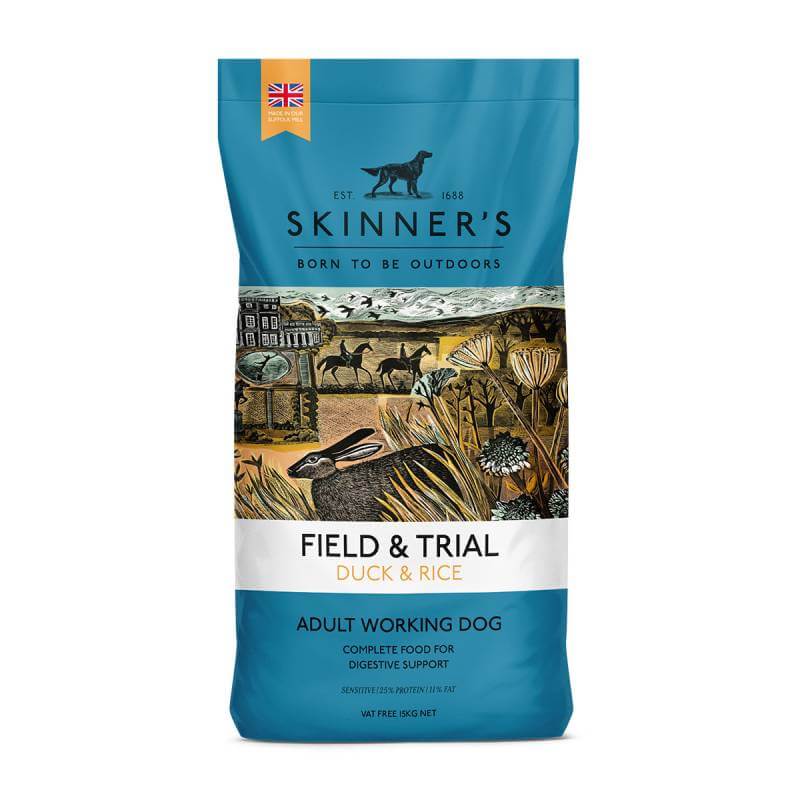 Skinners Field &amp; Trial Duck &amp; Rice gluten free dog food for adult working dogs.