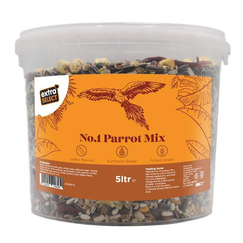 Extra Select No.1 Parrot Mix Bucket 3Ltr for indoor birds with seeds and nuts.
