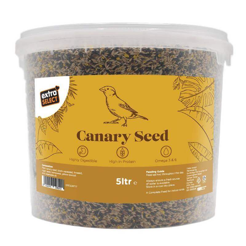 Extra Select Mixed Canary Seed Bucket 3Ltr with yellow label and bird illustration.