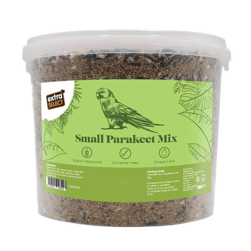 Extra Select Small Parakeet Mix Bucket 3Ltr with green label and bird illustration.