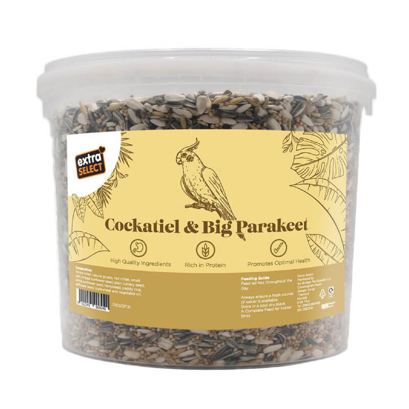 Extra Select Cockatiel & Big Parakeet Food Bucket 3Ltr with bird illustration on plastic tub.