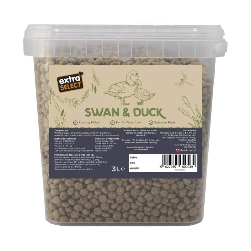Extra Select Swan and Duck Feed Bucket 3Ltr: floating pellets for waterfowl, clear tub.