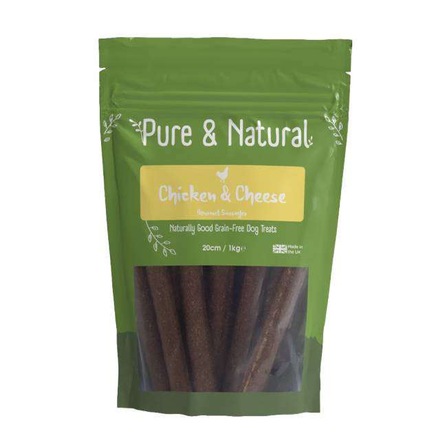 Pure &amp; Natural Chicken &amp; Cheese Gourmet Sausages 20cm 1kg, high-protein dog treats in green bag.