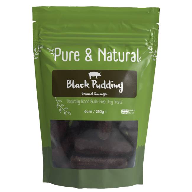 A green bag of Pure &amp; Natural Black Pudding Gourmet Sausages 6cm 250g, protein-rich treats.