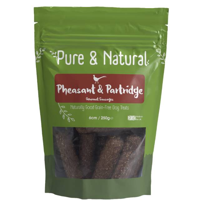 Pure &amp; Natural Pheasant &amp; Partridge Gourmet Sausages 250g—high protein dog treats.