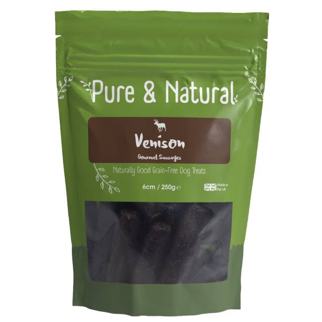 Pure &amp; Natural Venison Gourmet Sausages 250g—natural dog snacks with clear bottom window bag.