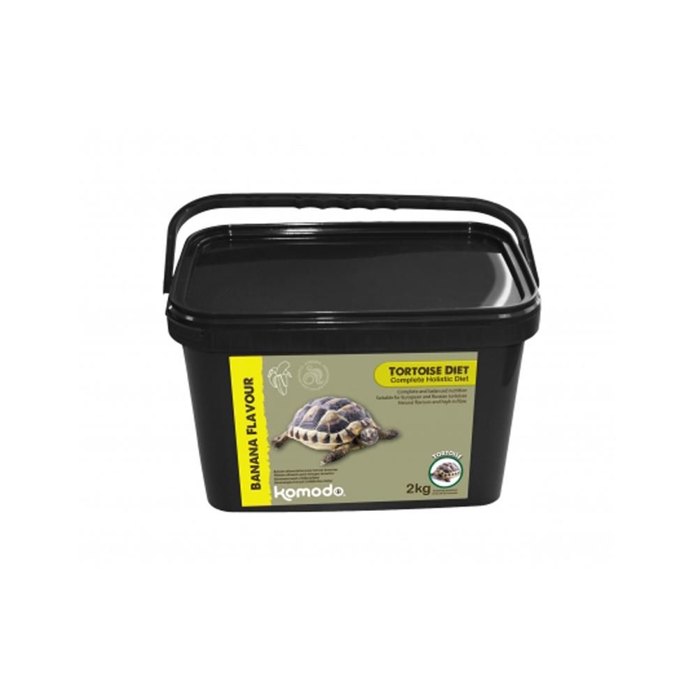 Banana-flavored Komodo Tortoise Diet in black container with tortoise on label.