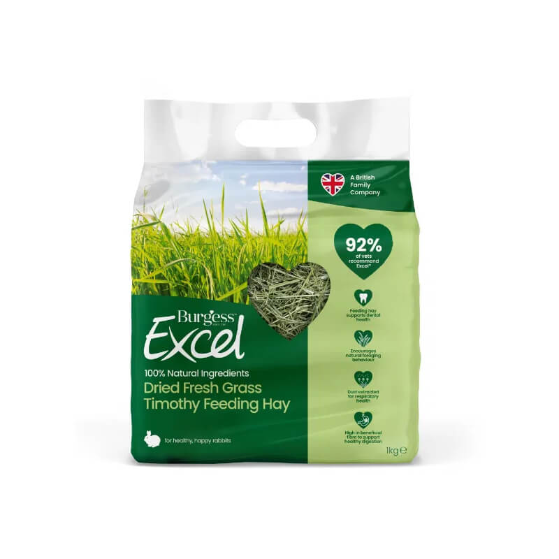 Burgess Excel Dried Fresh Grass 1kg for rabbits, in green and white packaging.