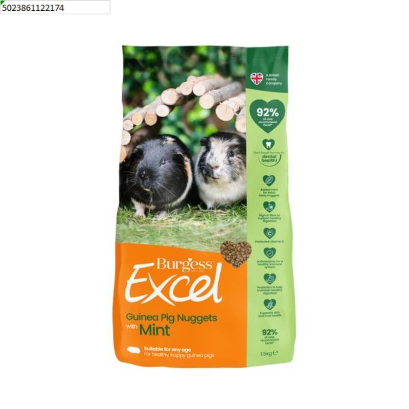 Burgess Excel Adult Guinea Pig Nuggets with Mint—vitamin C-rich food for guinea pigs.