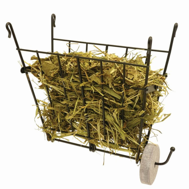 The Rosewood Folding Wire Hayrack holds hay and features a stone wheel on one side.