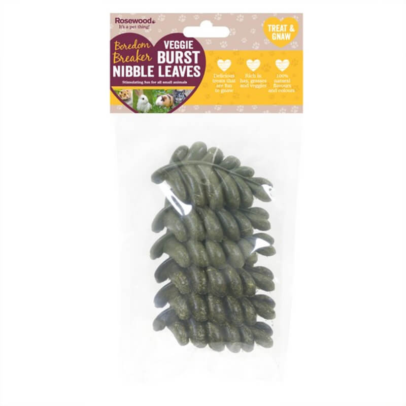Rosewood Veggie Burst Nibble Leaves: high-fibre rodent food for rabbits and small pets.
