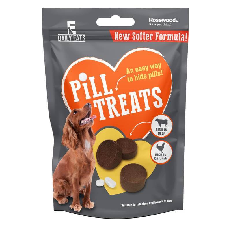 Rosewood Daily Eats Dog Pill Treats 80g packaging shows a dog, orange heart, pills, and grain free label.